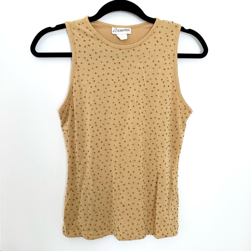 Vtg Y2K Gantos Sleevless Beaded Tank Top Mustard Yellow Gold Small
